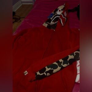 Bape Red Zip Up Sweater with Camo Accents